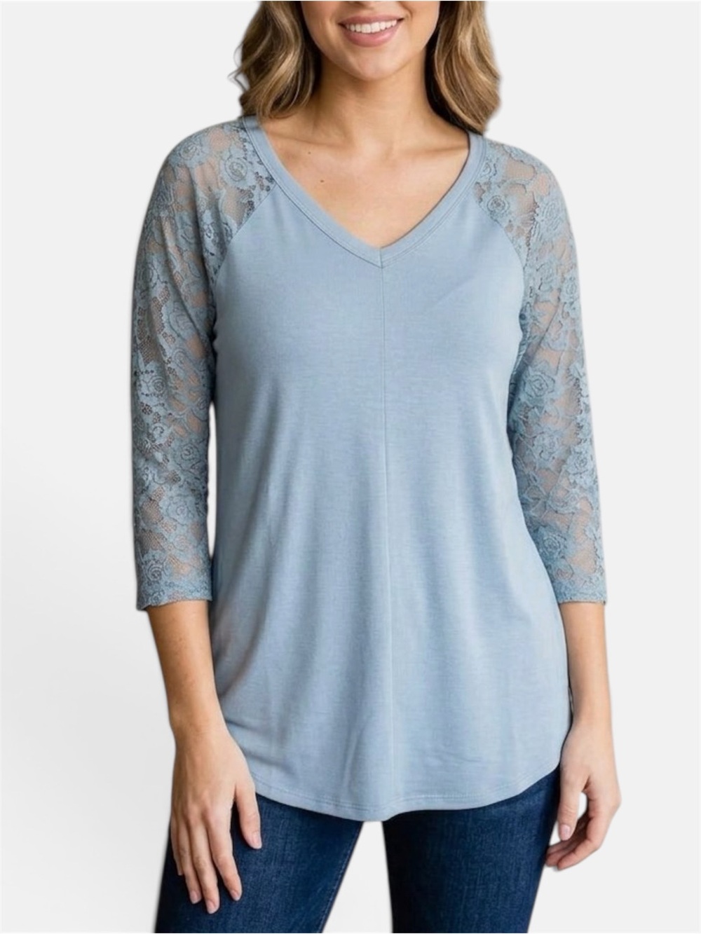 🎯 Zenana Outfitters Blue Lace Sleeve Top NWOT